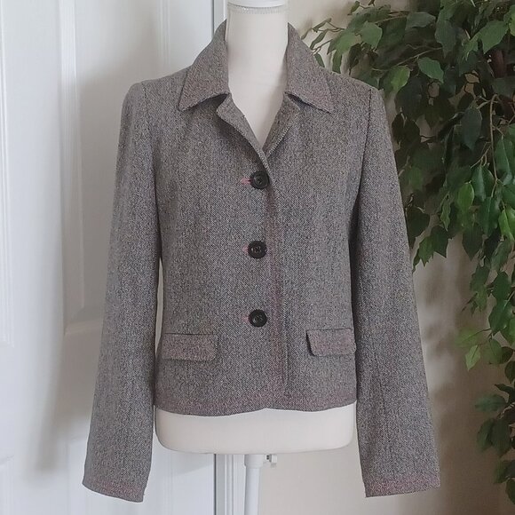 GAP Black & White Herringbone Tweed Wool Blend Blazer w/Pink Accents Size Medium - Picture 1 of 6